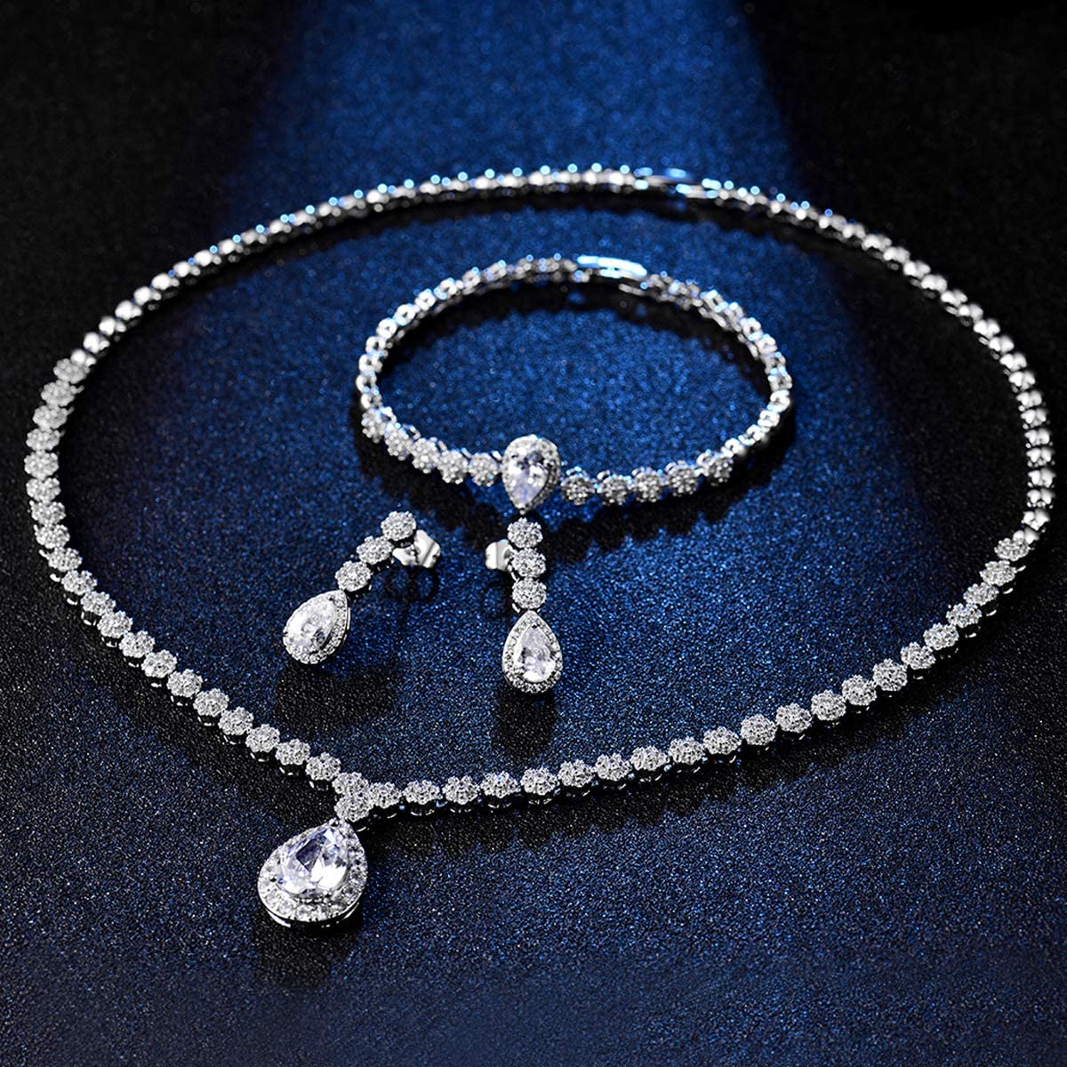 Hadskiss Jewelry Set for Women, Necklace Dangle Earrings Bracelet Set, White Gold Plated Jewelry Set with White AAA Cubic Zirconia, Allergy Free Wedding Party Jewelry for Bridal Bridesmaid - Image 3